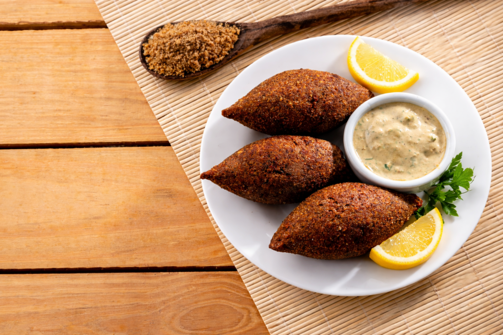 Shiitake & Walnut Kibbeh with Lemon-Tahini Drizzle and Smacked Cucumber, Mint & Preserved Lemon Salad
