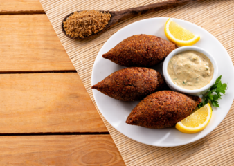 Shiitake & Walnut Kibbeh with Lemon-Tahini Drizzle and Smacked Cucumber, Mint & Preserved Lemon Salad