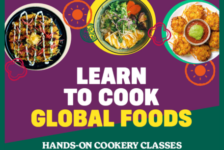 global dishes on plates with the wording 'learn to cook global foods'.