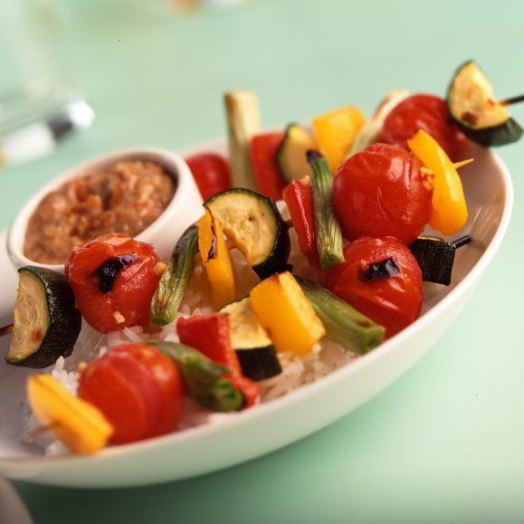 Oriental Vegetable Kebabs with Peanut Dressing