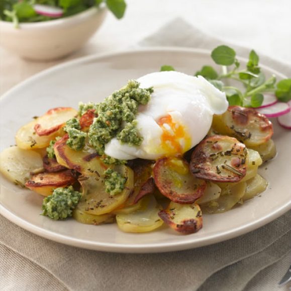 Pommes Anna with Eggs and Rocket and Walnut Pesto