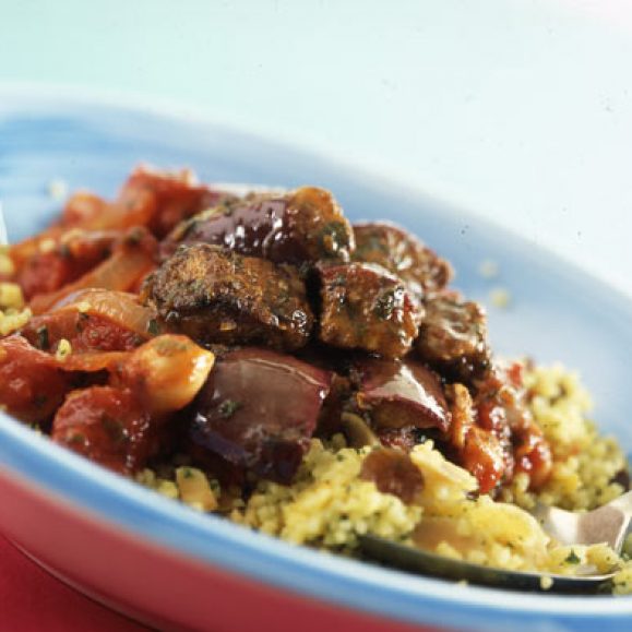 Moroccan Baked Aubergine and Chickpea Tagine with Fruity Couscous