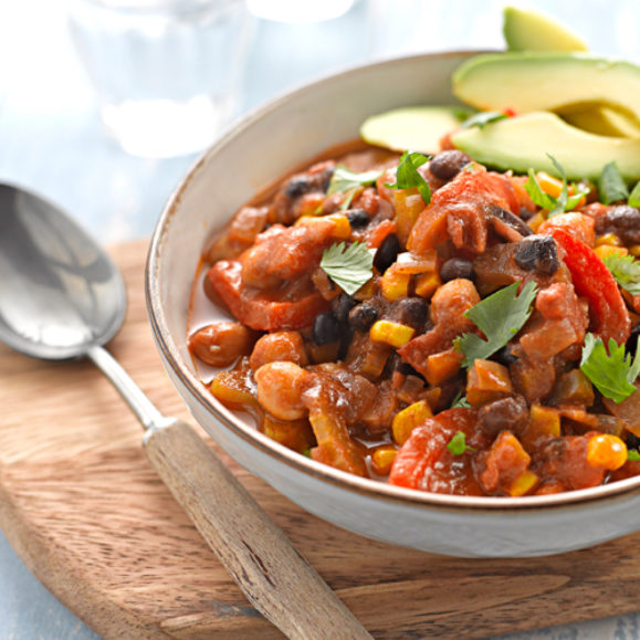 Mixed Bean Stew with Sliced Avocado