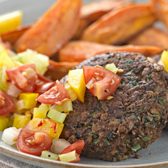 Mushroom, Walnut and Lentil Burgers with Sweet Potato Wedges