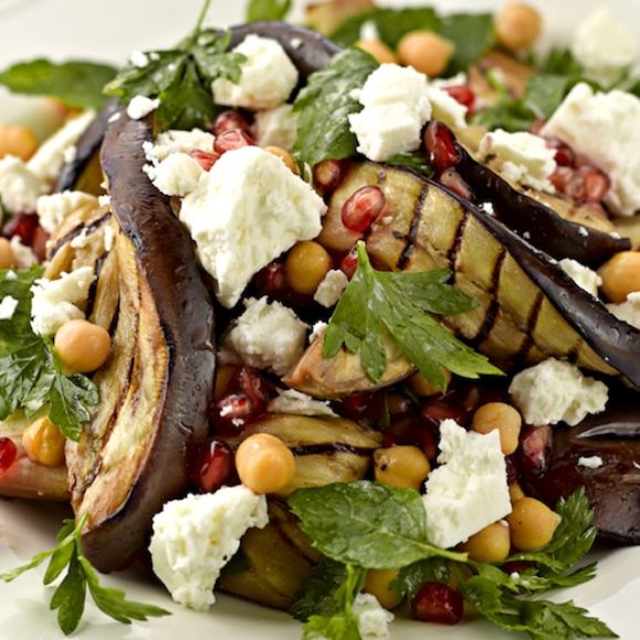 Aubergine, Chickpea, Pomegranate and Feta Salad