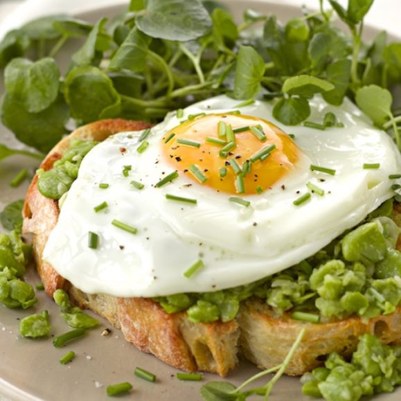 Broad Bean Bruschetta with Fried Egg and Watercress