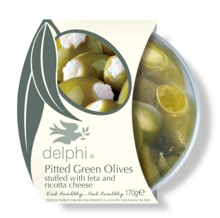 Pitted green olives stuffed with feta and ricotta