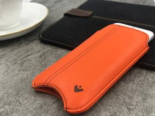 NUEVUE – Faux Leather Flame Orange “Screen Cleaning” 8/7 iPhone case, Green Antimicrobial Interior