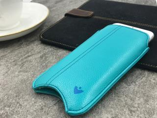 NUEVUE – Faux Leather Teal Blue “Screen Cleaning” iPhone 8/7 Case, Tan Antimicrobial Interior