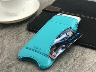 NUEVUE – Faux Leather Teal Blue “Screen Cleaning” iPhone 8/7 Wallet Case, Tan Antimicrobial Interior