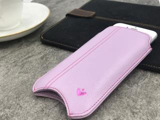 NUEVUE – Faux Leather Purple “Screen Cleaning” iPhone 8/7 Case, Green Antimicrobial Int. Purple Pout Stitching