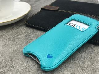 NUEVUE – Faux Leather Blue “Screen Cleaning” iPhone 8/7 Case, Tan Antimicrobial Int. Electric Blue Stitching