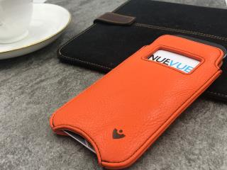 NUEVUE – Faux Leather Flame Orange Case with Green Interior for iPhone 8/7 & with Window & contrast Café Noir stitching – Flame Orange