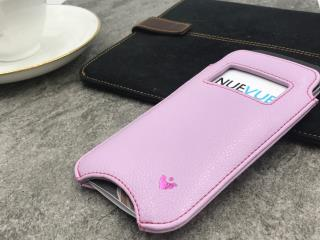 NUEVUE – Faux Leather Purple “Screen Cleaning” iPhone 8/7 Plus Case, Tan Antimicrobial Int, Window, Purple Pout Stitch