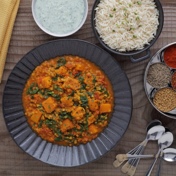 Spinach, Red Lentil and Roasted Squash Dhansak