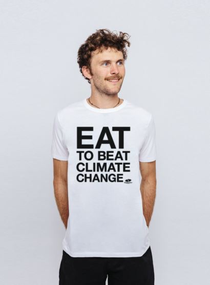 Eat to Beat Climate Change T-shirt – black writing