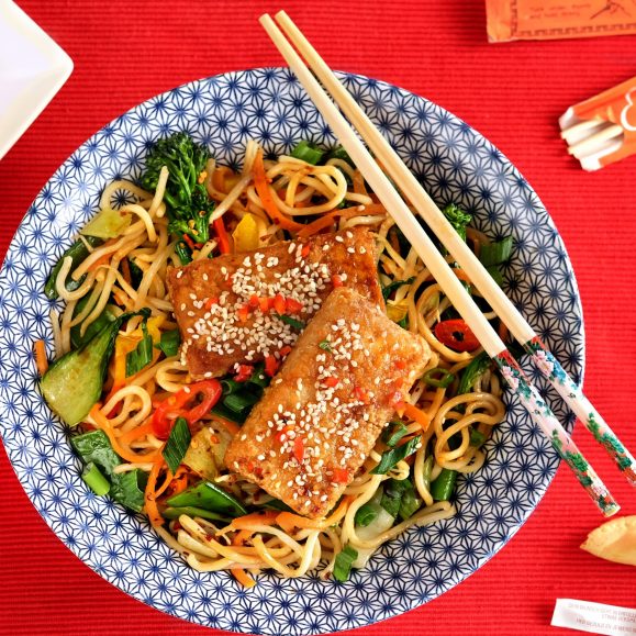 Crispy Sesame Tofu with Chinese Noodles