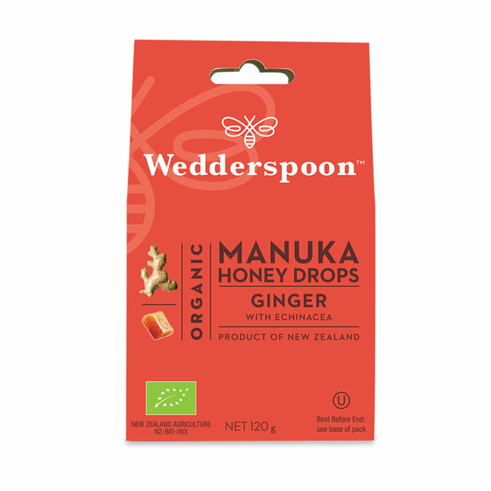 Wedderspoon Organic Manuka Honey Drops Ginger with Echinacea